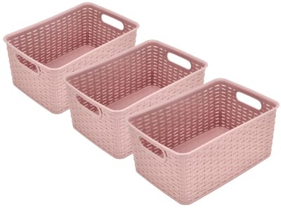 Opbergmand 6L Roze – Set van 3 Mandjes Riet Design – Opbergmand Kunststof– Kast Organizer – Keukenkast Organizer – Kledingkast Organizer – 29x20x13 cm
