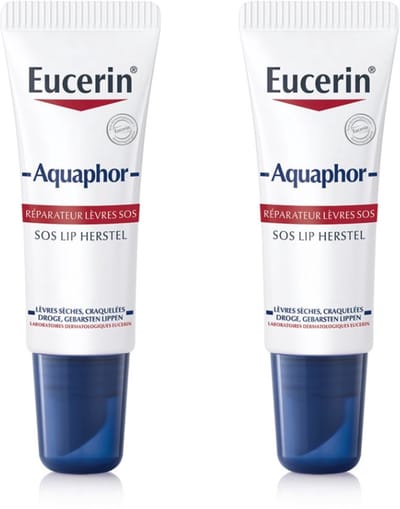 Eucerin Aquaphor SOS Lippenbalsem - Lip Balm - Hydrateert de Droge en Gebarsten Lippen - Ongeparfumeerd - 10 ml - Voordeelverpakking - Bundel van 2