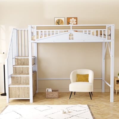 Wishdor – Hoogslaper 90x200 cm – Met Opbergladder & Kastje – Veiligheidshek met Raamdesign – Strak & Compleet – Metaal & Hout – Wit