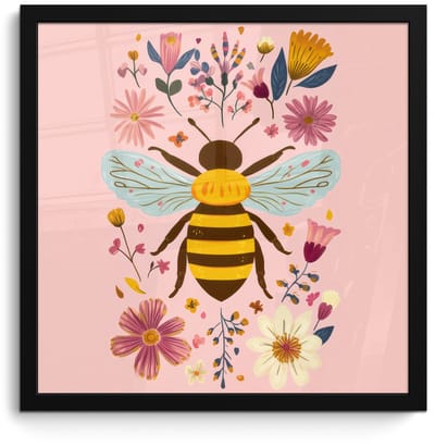Poster in lijst - Fotolijst 40x40 cm - Posters - Bij - Geel - Bloemen - Kleurrijk - Posterlijst zwart - Decoratie - Wanddecoratie woonkamer - Muurdecoratie slaapkamer