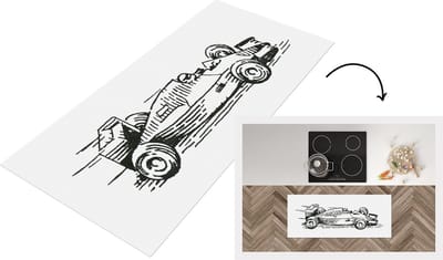 Keukenloper - Loper keuken - Een zwart-witte illustratie van de raceauto van Formule 1 - 120x50 cm - Keukenloper vinyl