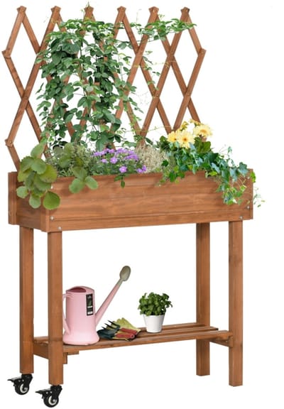 Wishdor - Verhoogde Plantenbak - Met Trellis En Opbergrek - Verplaatsbaar - Voor Binnen En Buiten - Hout - Bruin - 79 x 29 x 130 cm