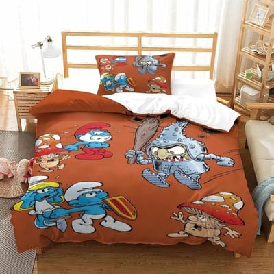 Housse de couette Schtroumpfs Motif Animé Mignon Impression 3D Ensemble de literie Elfes Bleus Pour Adolescents Adultes Avec Fermeture Éclair Décoration de Chambre AU King(245*210cm)3pcs