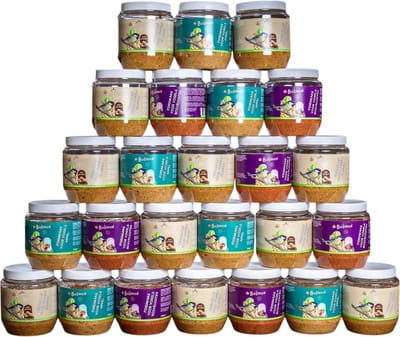 Vogelpindakaas Smulsensatie 24x | 8x Klassiek + 8x Bosbessen + 8x Klassiek Appel | Universele Plastic Potjes
