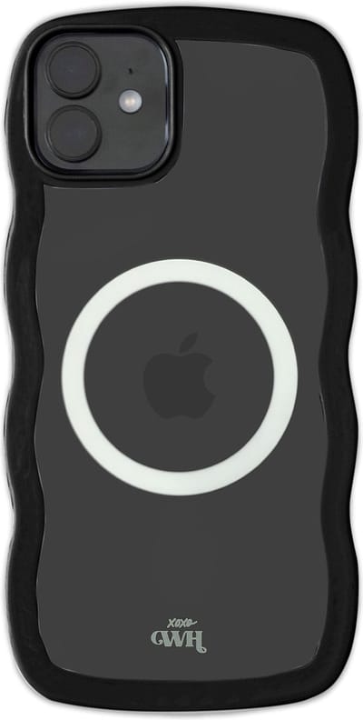 xoxo Wildhearts Magnetische Wavy Case - Zwart telefoonhoesje - Geschikt voor iPhone 12 MagSafe - Golvend hoesje - Wolken hoesje - Schokbestendig - Cloud Case met magneet ring - Silicone case - Transparant / Zwart