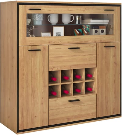 Dressoir, elegante wijnkast met dubbele deuren, glazen plank en wijnrek - perfecte opbergruimte in een stijlvol dressoir.