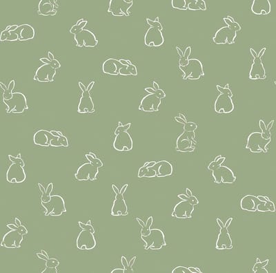 Behang - Kinderkamer – Konijnen – Silhouetten – Wit – Groen - Babykamer - Kinderbehang - Konijntjes- 0,53 x 10,05 M