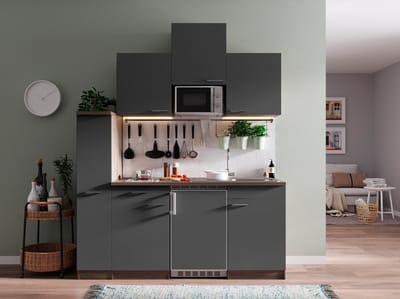 Goedkope keuken 180  cm - complete kleine keuken met apparatuur Oliver - Donker eiken/Grijs - keramische kookplaat  - koelkast        - magnetron - mini keuken - compacte keuken - keukenblok met apparatuur
