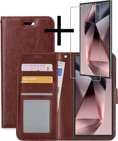 Hoesje - Met Screenprotector - Geschikt voor Samsung Galaxy S24 Ultra - Luxe Pasjeshouder - Bookcase Portemonee - Flip Case - Kunstleer Book Case - Flipcase - Book Cover - Walletcase - Portemonneehoes - Bruin