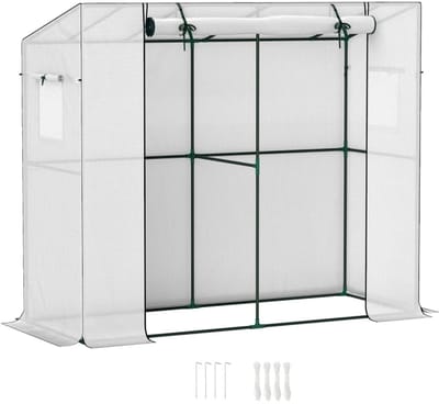 Mini Kas met Roldeur en Gaasramen - Aanbouwkas - UV-bestendig - Tuinkas - Foliekas - Broeikas - Kweekkas - Tomatenkas - Groentekas - Plantenkas - voor Groenten, Bloemen, Planten - 200 x 76 x 170 cm - Wit