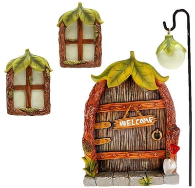 Dailygoods- Fairy Deuren Sprookjesachtige Tuin Decoratie - Mini-Ramen - Mini-Straatlantaarn - Hars - Verlichte Venster - Inclusief Schroeven - Tuindecoratie