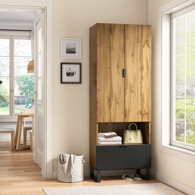 Wishdor - Garderobekast Met Schoenenopberging En Verstelbare Planken - Modern Landelijk - Hal Of Slaapkamer - Naturel En Zwart - 180x65x38 Cm