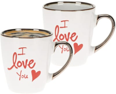 Siaki Koffiemok / theemok I Love You - 2x - wit/goud - 300 ml - mokken - aardewerk - valentijnsdag - tas - cadeaumok