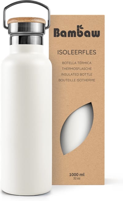 Bambaw® 1 Liter RVS Thermosfles - Isoleerfles, Dubbelwandig, Lekvrijen, loodvrij en Plasticvrij Geïsoleerde Fles met Bamboe Deksel voor Warme en Koude Dranken - Ideaal voor Reizen, Werk, Yoga, Wandelen en Dagelijks Gebruik – wit