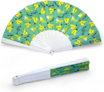 Opvouwbare handwaaier ultralicht waterafstotend zomerfeest bruiloft kleurrijk design Happy Day bananen wit - 42 x 23 cm