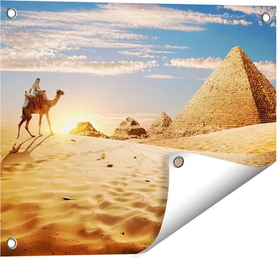 Gards Tuinposter Egyptische Piramides met een Kameel - 50x40 cm - Tuindoek - Tuindecoratie - Wanddecoratie buiten - Tuinschilderij