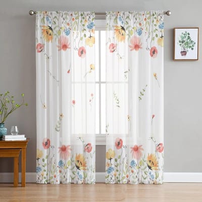 Lente Aquarel Bloemen Bladeren Slaapkamer Transparante Vitrage Gordijnen Vakantiedecoratie Raam Voile Tule Gordijn 135W x 114H(cm) white