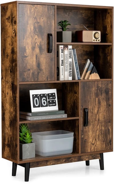 COSTWAY Boekenkast met 2 deuren en 4 open planken, hout, staand rek, houten rek, opbergrek voor woonkamer, werkkamer, 80 x 24 x 120 cm (koffie)