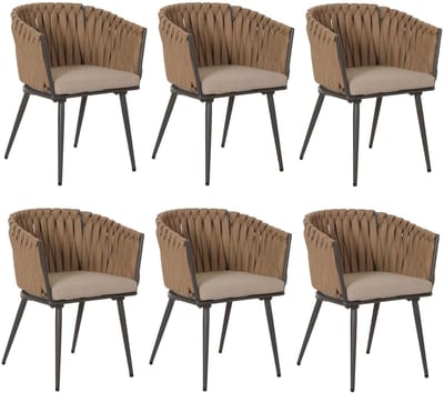 Set van 6 aluminium eetkamerstoel MCW-N38, binnenstoel armleuning, Olefin rope weave Touw ~ beige kussen lichtbruin