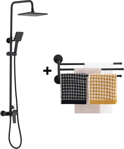 Auralum max Douchesysteem - Regendouche Set - Messing Doucheset - Vierkant Design - Verstelbare Hoogte 90-120 cm - Wandmontage - Waterbesparend - Zwart