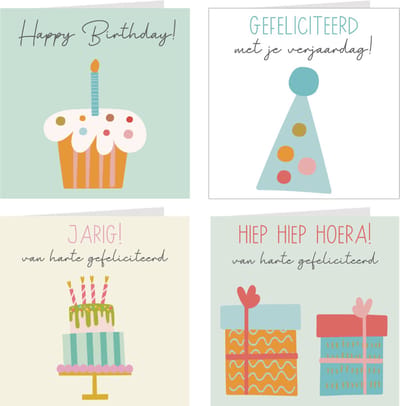 4x verjaardagskaarten | VAN HARTE GEFELICITEERD | wenskaarten / set kaarten met enveloppen | jarig / verjaardag | voor kinderen & volwassenen | cupcake, feesthoedje, taart & cadeautjes