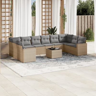 vidaXL - 11-delige - Tuinset - met - kussens - poly - rattan - beige