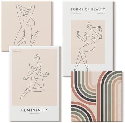 Wallfluent Set van canvas schilderijen - Lineaire silhouetten van vrouwen op minimalistische posters Canvas Schilderijen Set - Set van 4 Canvas Schilderijen - Beige Set van Canvas Prints - Abstractie Canvas Kunst Set - Boheemse Canvas Kunst Set