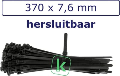 PRO-TIE® - Tyraps, kabelbinders Hersluitbaar 370 x 7,6 mm Zwart UV bestendig (Zak 100 stuks) (tiewrap/tyrap/tie-wrap/bundelbandje/colsonbandje/)