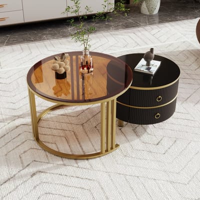 Sweiko Salontafel, Medium density Vezelplaat 2-in-1 Ronde Salontafel, gehard glas randtafel met 1 Zwart tafelblad en 1 Bruin tafelblad, salontafel combinatie met 2 lades in de woonkamer, 70x70x45 en 50x50x40 centimeter