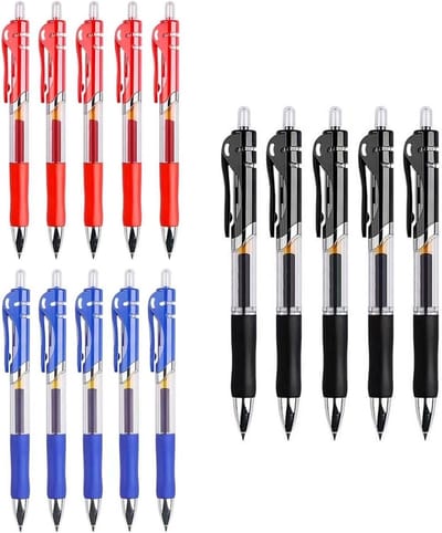 15 X intrekbare balpennen 0,5 mm rollerball pennen, zwarte gel inkt rollerball pennen, blauwe pen, rode pen voor kantoor, school en thuis