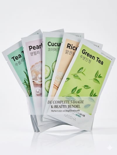 Korean Skincare Sheet Masker Set (5 stuks) - Gezichtsmasker Pakket voor Hydratatie, Kalmering & Glow - Groene Thee, Tea Tree, Parel, Rijst & Komkommer