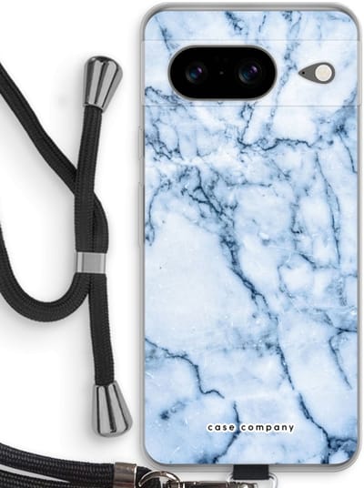 Case Company® - Hoesje met koord geschikt voor Google Pixel 8 hoesje met Koord - Blauw marmer - Telefoonhoesje met Zwart Koord - Bescherming aan alle Kanten en Over de Schermrand