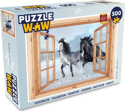 Puzzel Doorkijk - Paarden - Winter - Dieren - Natuur - Hout - Legpuzzel - Puzzel 500 stukjes