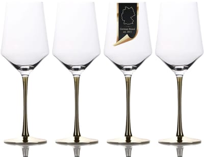 Intirilife 4x Wijnglas met goudkleurige steel - 380 ml inhoud - rode wijn wit Wijnglas bokaal kristalglas schokbestendig