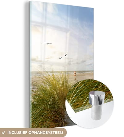 MuchoWow® Glasschilderij 80x120 cm - Schilderij acrylglas - Strand - Zee - Vogels - Foto op glas - Muurdecoratie woonkamer - Wanddecoratie slaapkamer - Schilderijen