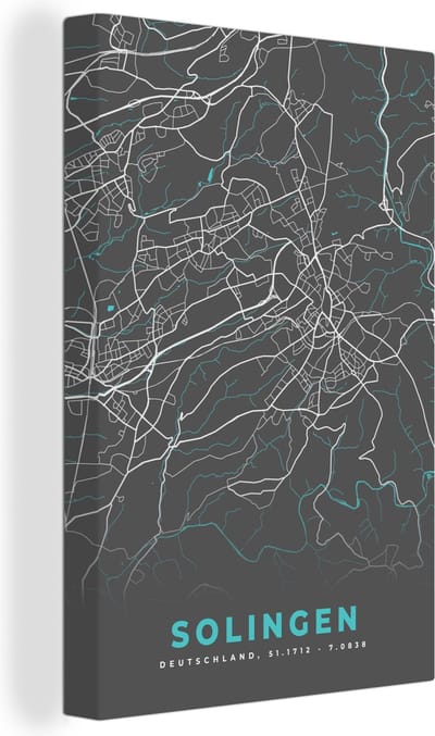 Canvas Schilderij Plattegrond – Solingen – Blauw – Stadskaart – Kaart - Duitsland - 20x30 cm - Wanddecoratie