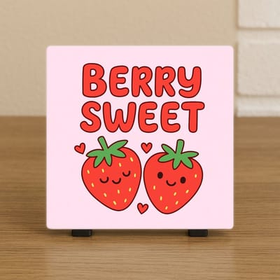 Wenstegeltje 10,5x10,5 cm – “Berry Sweet” – Fruitige Decoratie Cadeau - Tegeltje met tekst - Trendy nu – Decoratief Tegeltje met Standaard – Cadeau Idee