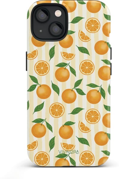 VivaLora Tough Telefoonhoesje iPhone 14 met MagSafe - Orange Breeze Print - 2-in-1 Phone Case - Hard Case & Siliconen Back - Sinaasappels Dessin - Extra Bescherming - Shockproof - Oranje