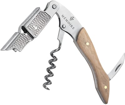 Mémoire® Couteau Sommelier Eikenhout - Kurkentrekker van Eikenhout - 3 in 1 Sommelier mes met Flessenopener en Foliesnijder - Premium Wijnopener voor Horeca en Thuis - Perfect Cadeau voor Wijnliefhebbers - Stijlvol Kelnersmes van Hoge Kwaliteit