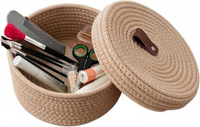mand gevlochten met deksel, 23 x 12,5 cm, ronde opbergmand, multifunctionele opbergmand voor badkamer, slaapkamer, woonkamer, cosmetica, sleutels, sieraden (bruin 1)