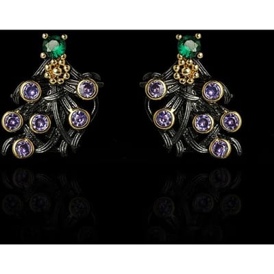 Boucles d'oreilles fleur en zircon violet pour femmes, élégantes et classiques, boucles d'oreilles noires et dorées black