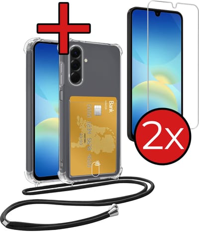 Hoesje Geschikt voor Samsung A26 Hoesje Met Telefoonkoord en Pasjeshouder Met 2x Screenprotector Siliconen - Hoes Geschikt voor Samsung Galaxy A26 Hoesje Met Kaarthouder Shock Proof Case - Transparant