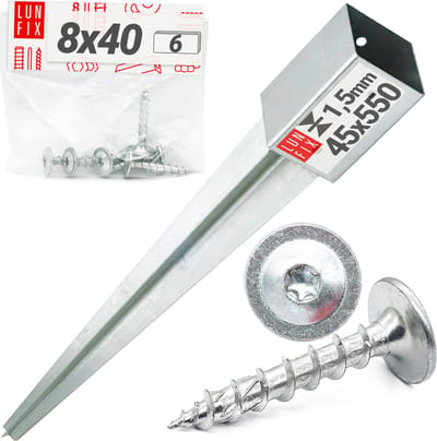 LUN FIX - Inslaggrondhuls 45x45mm hoogte 550mm wanddikte 15mm - 6 schroeven 8x40 mm - Torx T30 - paaldragers, hekwerk, tuin, pergola