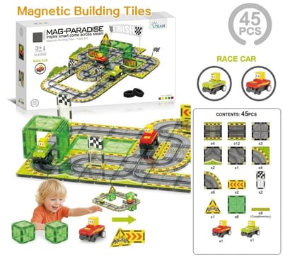 Magnetische Bouwtegels Racebaan Set – 45 Delig – Inclusief Auto’s & Verkeersborden – STEM Educatief Speelgoed – Magnetische Racebaan – Cadeau voor Kinderen 3+ Jaar