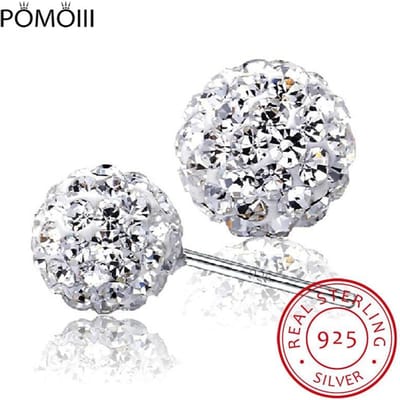 Boucles d'oreilles simples en argent sterling 925 Boucles d'oreilles à tige boule de cristal complète Cadeau pour femmes Brincos S-E35 white