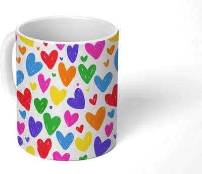 Mok - Koffiemok - Hartjes - Patroon - Kleurrijk - Tekening - Mokken - 350 ML - Beker - Koffiemokken - Theemok