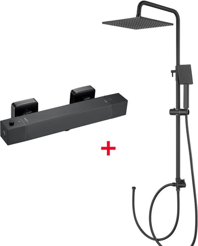 Auralum Max Douchesysteem - Zwart Doucheset - Inclusief thermostaatkraan - Ã˜ 25.4 cm - Regendouche en Handdouche - Verstelbare Hoogte 74-109 cm - Waterbesparend - Zwart