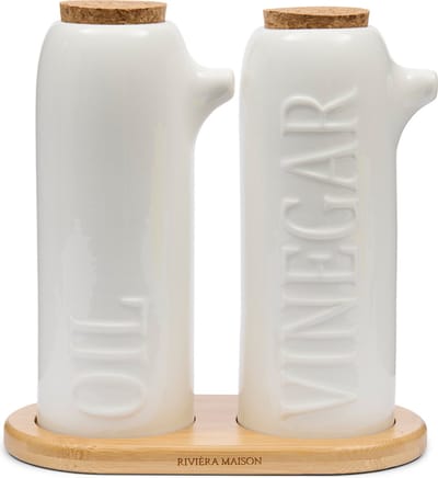 Riviera Maison Olie en Azijn Set Wit - Oleum Oliefles met Tekst - Porselein - (LxBxH) 18x9.5x19