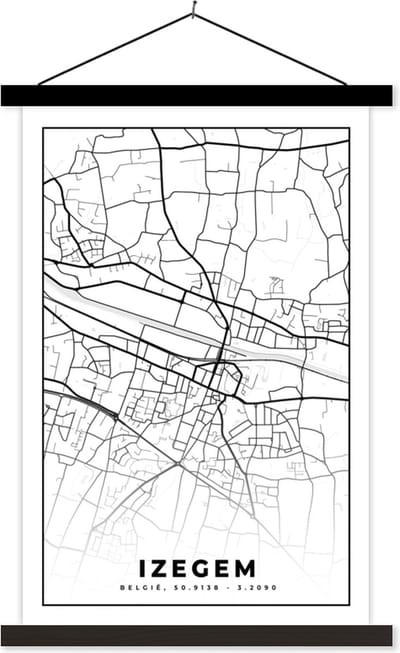 Posterhanger incl. Poster 40x60 cm - Schoolplaat - België – Izegem – Stadskaart – Kaart – Zwart Wit – Plattegrond - Textielposter - Zwarte latten - Stadskaart