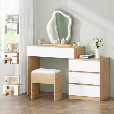 Kaptafel met Verstelbare LED Spiegel, Opbergruimte en Kruk - Cloud Design